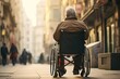 Elderly man in a wheelchair on the street of the city, An old man is sitting in a wheelchair on a walk in the city, rear view, AI Generated