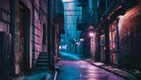 Fototapeta Uliczki - dark street in cyberpunk city gloomy alley with neon lighting
