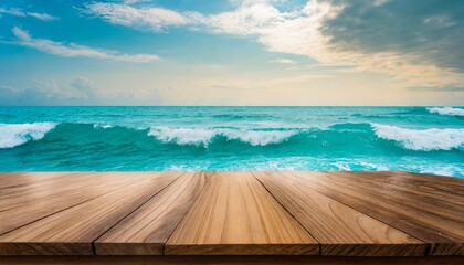 Wall Mural - wooden table top on blurred sea waves and sky empty wooden table with summer sea waves on background wooden table and sea use for backgroud with space