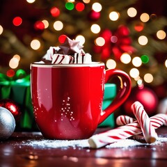 Red mug filled with homemade hot chocolate shot on rustic Christmas table. A red and white candy cane is on the hot chocolate mug and two others candy canes are behind the mug