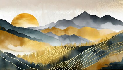 Canvas Print - fundo abstrato da paisagem da natureza papel de parede em design de estilo minimalista com colinas de montanha por do sol nascer do sol aquarela linhas de ouro para impressoes interiores arte