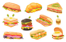 Different sandwiches. Sandwich and burgers collection, bread rolls panini fast food ingredients cheese meat vegetable tasty breakfast