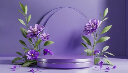 Wall Mural - 3d background product display podium with nature leaves flower glass wall stage showcase on pedestal display purple background studio trendy 3d render for social media banners promotion cosmetic