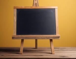 Wall Mural - 
Empty blackboard with wooden frame on wooden table over yellow background.