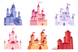 Fototapeta  - Cartoon strongholds. Medieval castles exterior, fantastic palaces magic kingdom fortified building citadel tower gothic architecture, ancient castle ingenious vector illustration