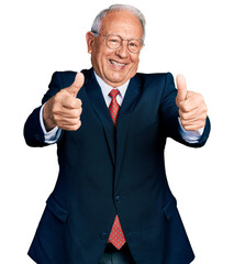 Poster - Senior man with grey hair wearing business suit and glasses approving doing positive gesture with hand, thumbs up smiling and happy for success. winner gesture.