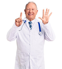 Canvas Print - Senior handsome grey-haired man wearing doctor coat and stethoscope showing and pointing up with fingers number six while smiling confident and happy.