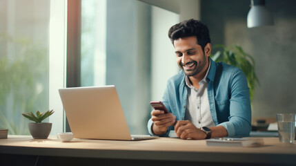 Young indian man using smartphone and laptop