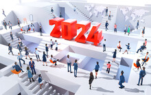 Abstract Business Environment With Stairs, Decorated With 2024 New Year Sign. Lots Of Business People Running Up And Down Stairs Representing Business Activity. 3D Rendering