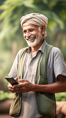 Wall Mural - Indian farmer using smartphone at agriculture field.