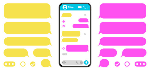 Smartphone with messaging app and message bubbles, blank SMS text frame, chat screen with set message template bubbles icons, dialogue, chatting sms, social network chatting window in phone screen