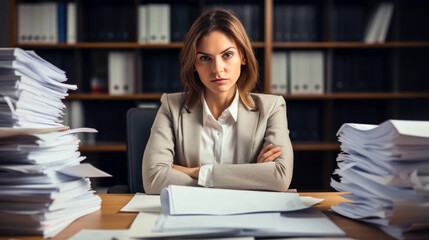 Wall Mural - a business woman handling piles of paperwork in an office