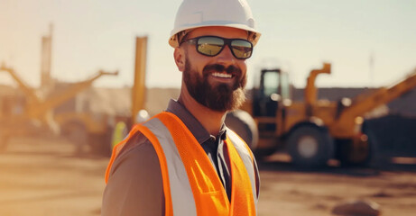 Canvas Print - Bearded civil engineer wearing safety glasses at construction site