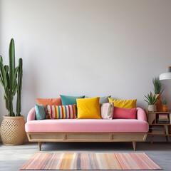 70s Vintage Retro Scandinavian sofa couch, colorful, pink, yellow pillows, plant, white wall, empty wall, modern rug, white wall, decorations, cactus in basket, mockup