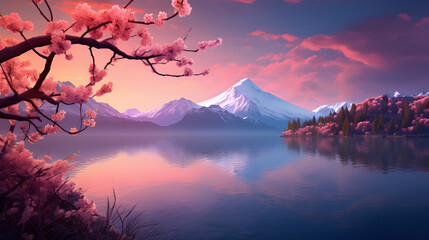 Canvas Print - Sakura Blossoms Overlooking Majestic Snow Capped Mountain and Lake