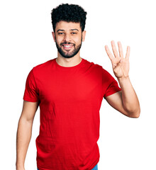 Sticker - Young arab man with beard wearing casual red t shirt showing and pointing up with fingers number four while smiling confident and happy.