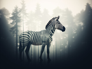 Wall Mural - A Double Exposure Style Silhouette of a Zebra with a Forest Background