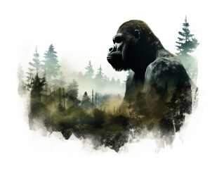 Wall Mural - A Double Exposure Style Silhouette of a Gorilla with a Forest Background