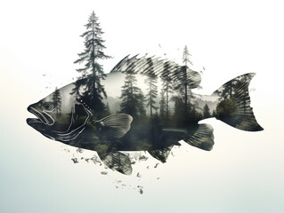 Wall Mural - A Double Exposure Style Silhouette of a Fish with a Forest Background