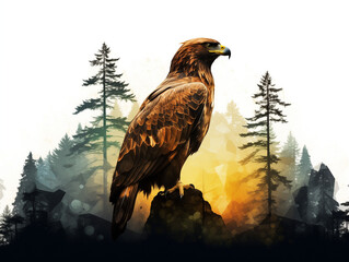 Wall Mural - A Double Exposure Style Silhouette of a Hawk with a Forest Background