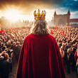Rear view of old king with a crown facing the crowd of people, generative ai illustration