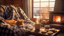 Warm Indoor Scene With A Ginger Cat On A Plaid Blanket, A Mug Of Tea, Cookies, And A Cozy Fireplace By A Snowy Window