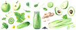 Big set of fruits, vegetables and seeds for green smoothies. Watercolor food illustration. For clip art cards menu label
