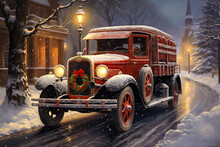Christmas Vintage Rustic Red Truck Driving On Street With Wreath In Snow, Watercolor Painting, Winter Holiday Season
