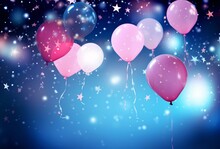Colorful Blue And Pink Stars And Balloons On A Blue Background Stock Foto, Digitally Enhanced