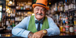 Bartender at an Irish pub wearing orange bowler hat and green vest, portrait, wide banner