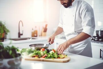 Wall Mural - A chef in an apron preparing food in the kitchen. Copy space image