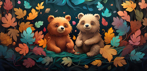 Two baby bears surronded with leaves on blue backgroud