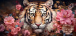 Portrait of a tiger surronded with flowers, mug sublimation, mug wrap