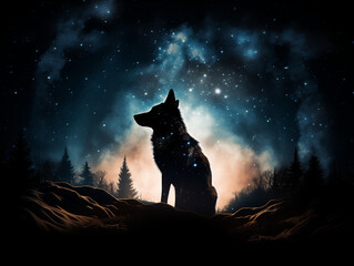 Wall Mural - A Double Exposure Style Silhouette of a Coyote with a Space Scene Background