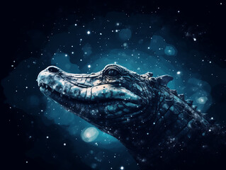Wall Mural - A Double Exposure Style Silhouette of an Alligator with a Space Scene Background