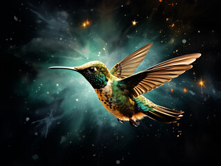 Wall Mural - A Double Exposure Style Silhouette of a Hummingbird with a Space Scene Background
