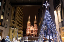 The St. Nicholas Roman Catholic Cathedral In Kiev, Ukraine. Christmas Tree On Winter Evening.