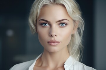 a stunning blond woman with captivating blue eyes posing for a picture. perfect for portraits and be
