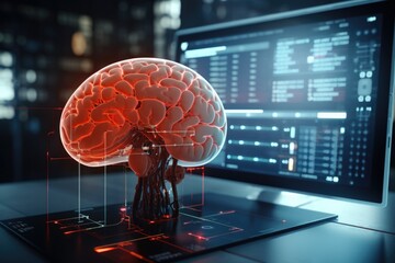 Poster - A computer with a brain model on top. Perfect for illustrating concepts of artificial intelligence and machine learning.