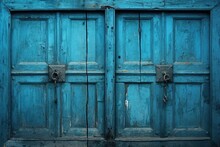 A Blue Wooden Door With Two Locks. Can Be Used To Depict Security, Protection, Or A Hidden Entrance.