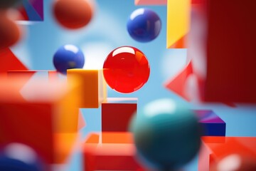 Poster - Colorful cubes arranged in a group with a red ball in the middle. Can be used to represent creativity, teamwork, or problem-solving concepts