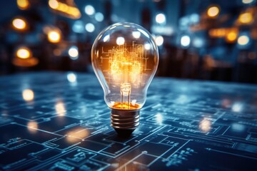 Poster - A light bulb sitting on top of a circuit board. This image can be used to represent technology, innovation, or the concept of electricity