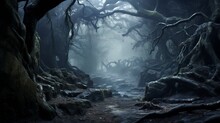 A Dense Fog Enveloping A Mystical Forest, Shrouding Ancient Trees In Mystery.