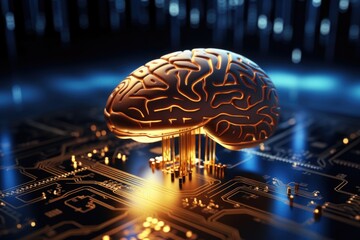 Poster - A computer circuit with a golden brain on top, representing intelligence and technology. 