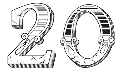 ornate figure of number two twenty zero in vector isometry. icon in the style of doodle graphics for application sites for layout and printing of texts and images