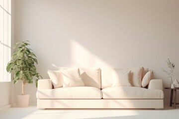 Wall Mural - A simple and elegant living room with a white couch and a potted plant. Perfect for interior design projects or home decor inspiration