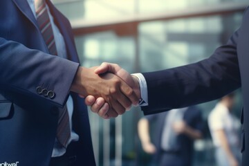 Wall Mural - A close-up image of two people shaking hands. This picture can be used to represent a business deal, partnership, or agreement.