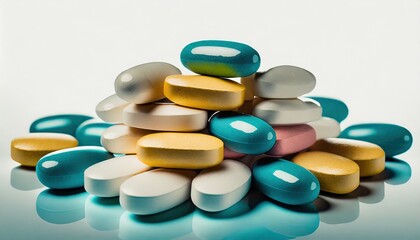 stack of multicolor pharmaceutical vitamin pills on isolated 