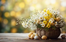 A Basket Full Of Easter Eggs And Flowers,