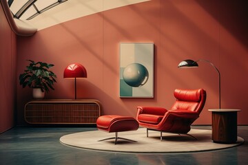 Wall Mural - Mid-century style living room with sofa and plants